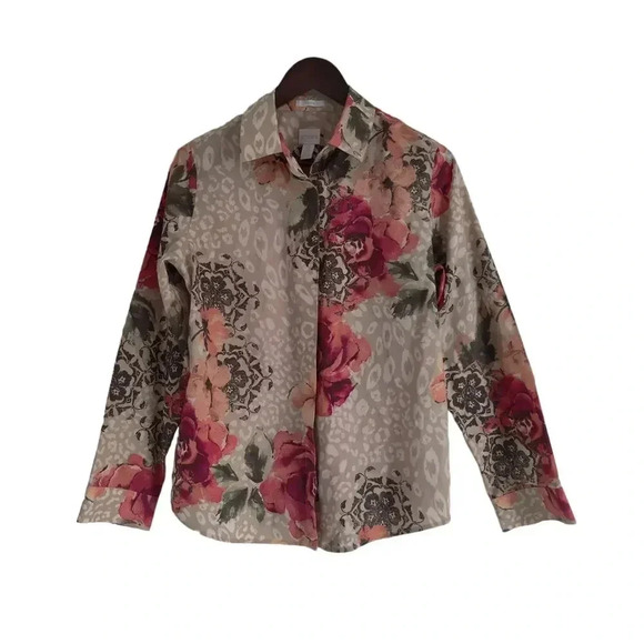 Chico's Floral Button Down Non-Iron Shirt Collared Size S 100% Cotton Multicolor - Picture 12 of 12